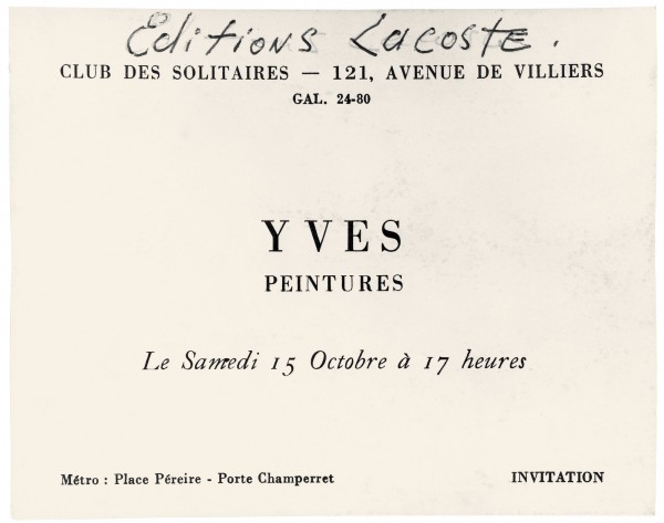 Carton d'invitation à l'exposition "Yves peintures" au Club des Solitaires des Editions Lacoste, Paris